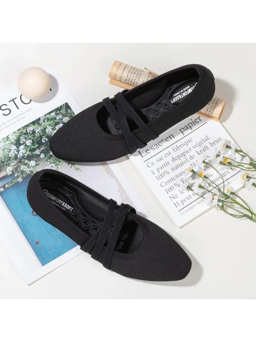 Women's Black Knit Square Toe Ballet Flats Mary Jane Slip On Causal Shoes